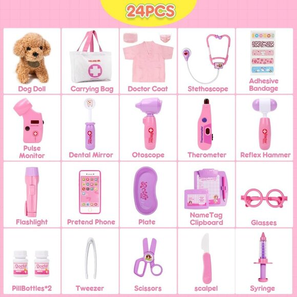 MELAND Toy Doctor Kit with Dog Carrying Bag Stethoscope Pretend Play - Picture 4 of 9